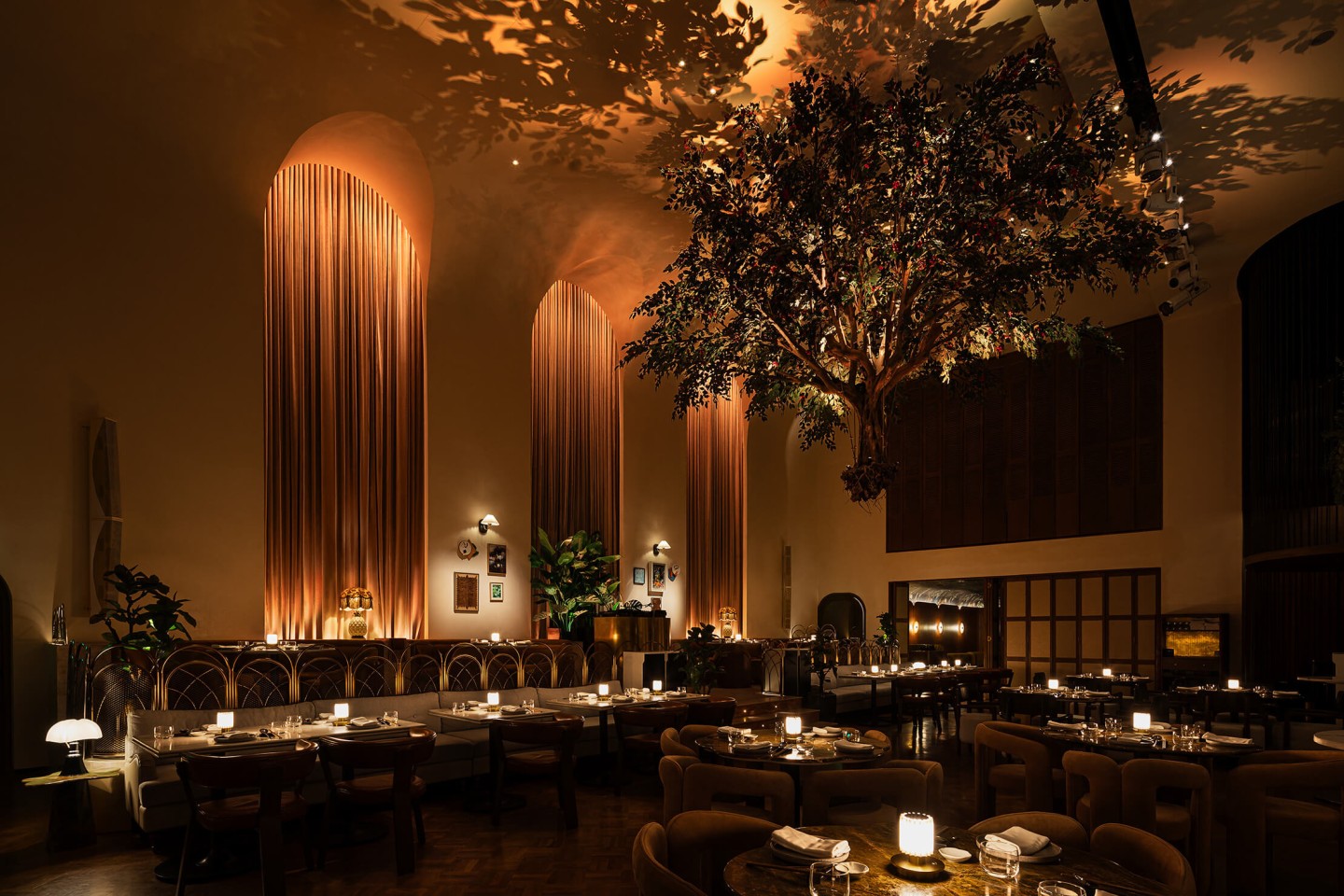 Tree hanging from the ceiling in restaurant